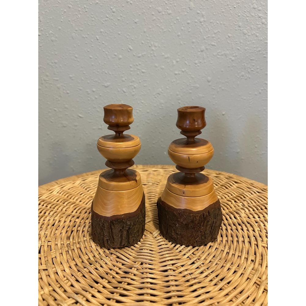 Vintage Yew Wood Candle Holders Pair of Hand Turned Live Edge Candlesticks